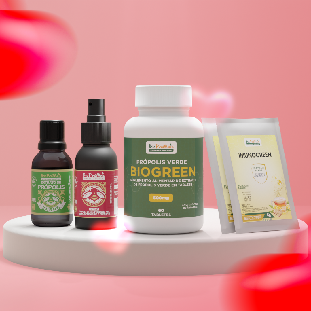 Kit Dia dos Namorados Biopromais - Tabletes, Chá, Extrato e Spray de Própolis Verde