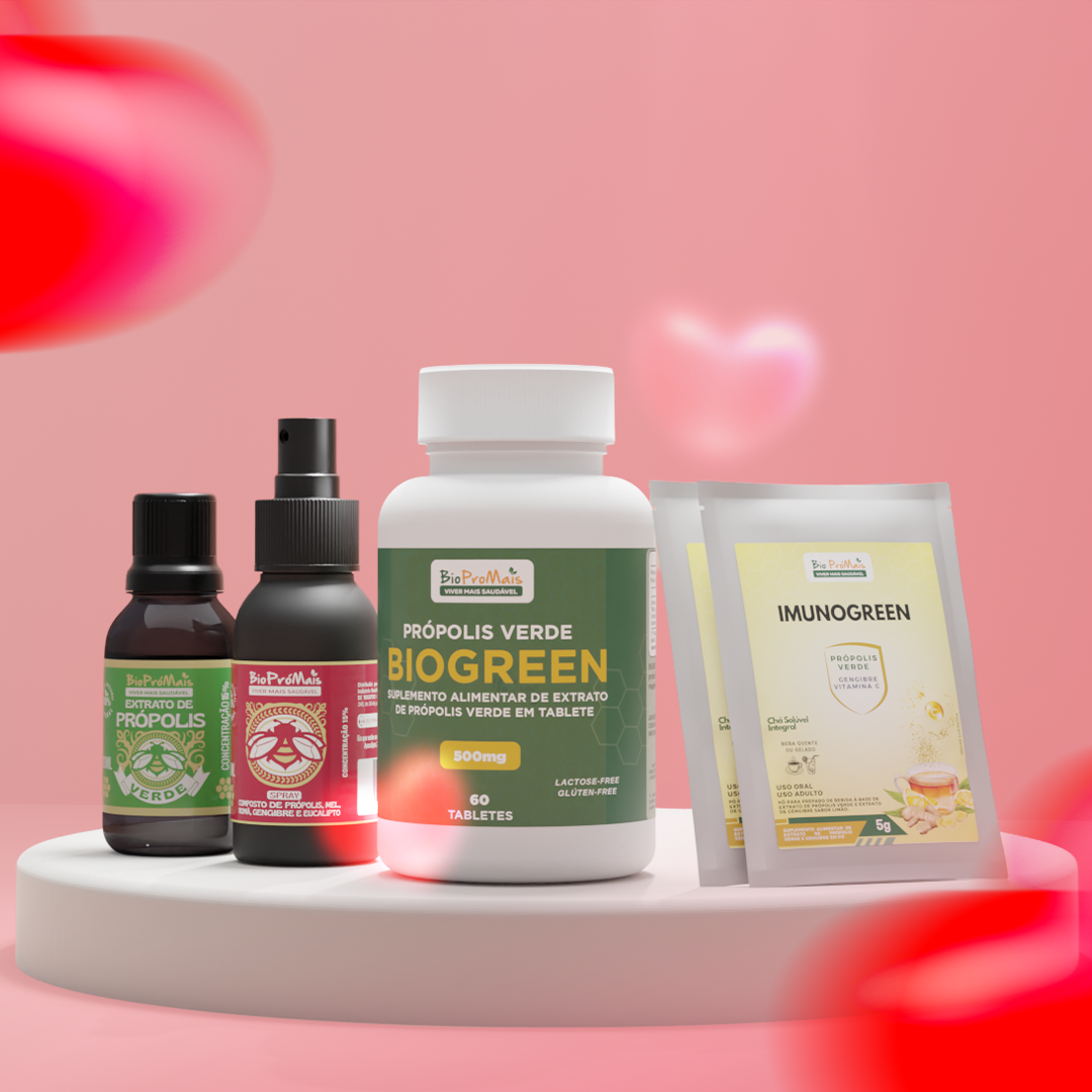 Kit Dia dos Namorados Biopromais - Tabletes, Chá, Extrato e Spray de Própolis Verde