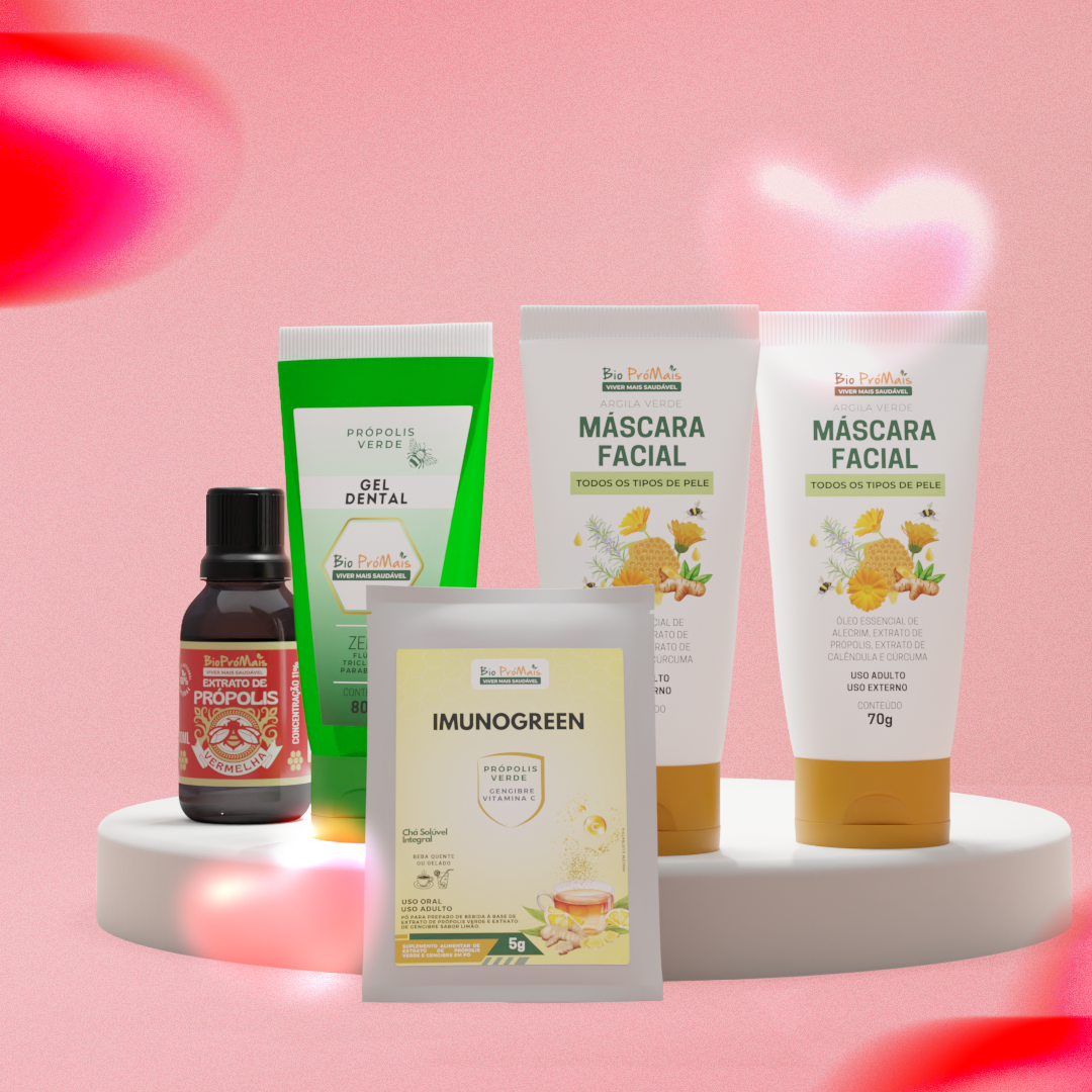 Kit Dia dos Namorados Biopromais - Máscara Facial, Extrato de Própolis Vermelha, Gel Dental e Chá Solúvel